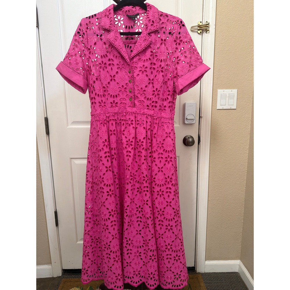 J.Crew Pink Eyelet Midi Dress Short Sleeve Button Front Floral Fuchsia Size 8